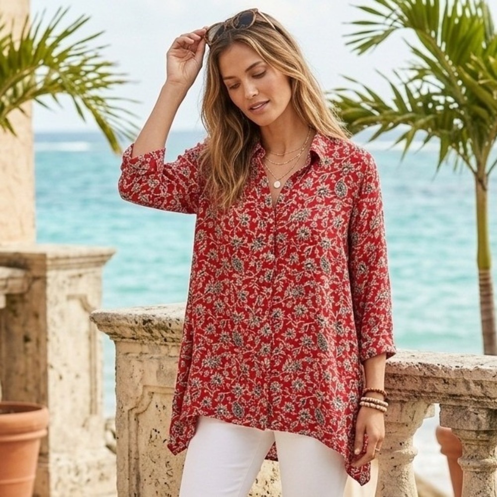 J. Jill Floral Paisley Button Down Tunic Women XL Red Boho Travel Careerwear